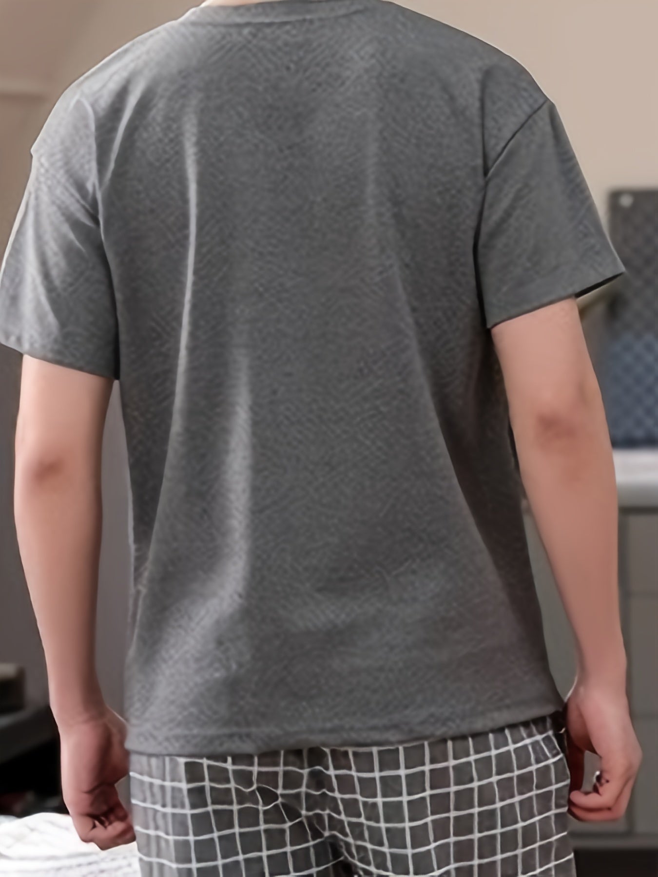 Men's Plaid Pajama Set Short Sleeve Crew Neck Lounge Wear Polyester Comfortable