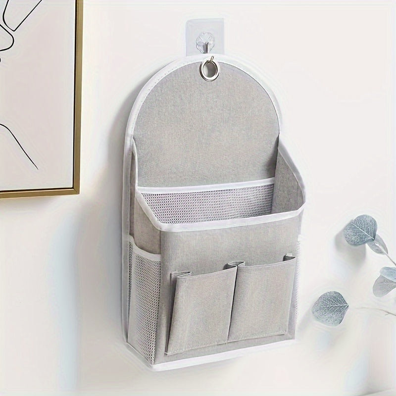 Wall-Mounted Storage Organizer with Dual Pockets and Mesh Side Compartment Beige Grey