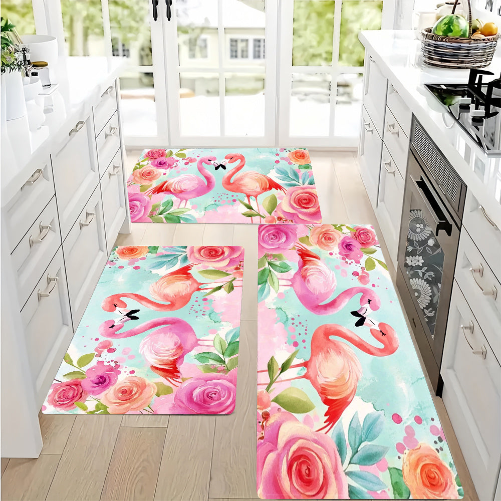 Vibrant Flamingo Floral Anti-Slip Floor Mat 100% Polyester Washable Absorbent