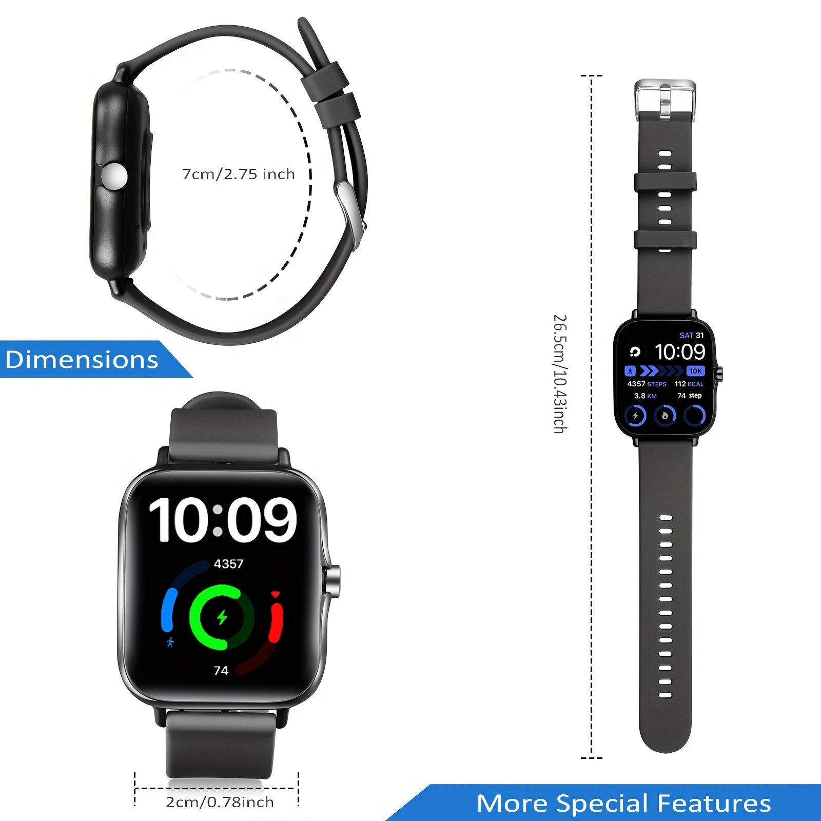 Smart Watch with 4.34cm OLED Display Call Message Pedometer Fitness Tracker Wireless USB Rechargeable