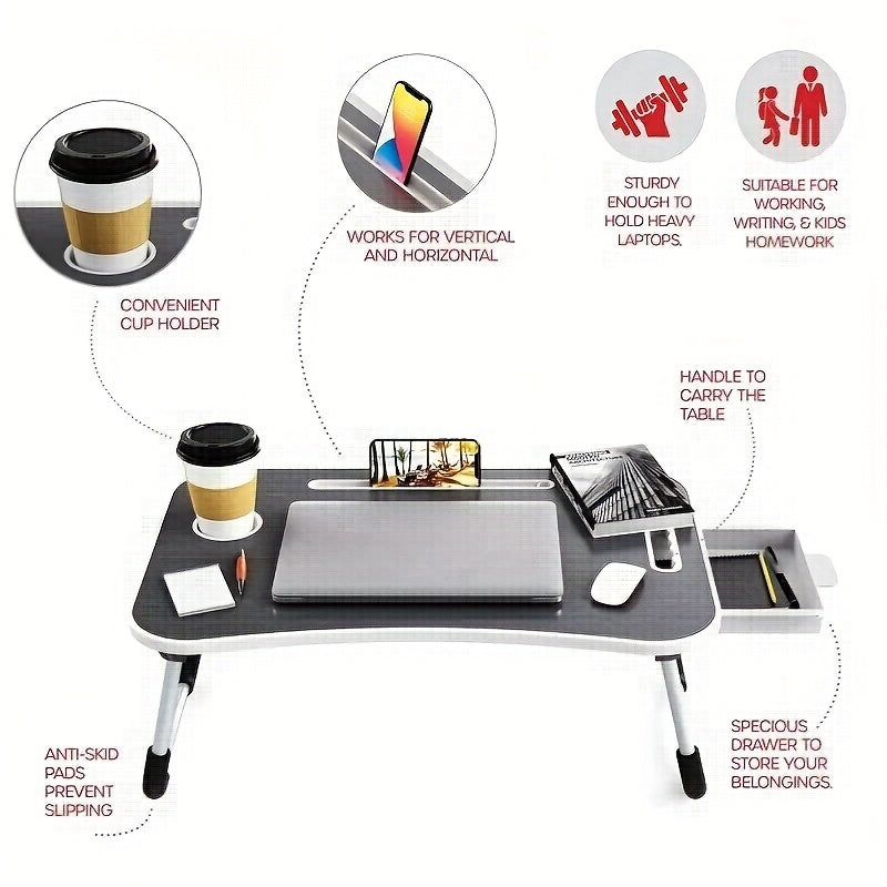 Large Portable Laptop Bed Table with Cup Holder Drawer for Reading and Eating in Bed or on Sofa