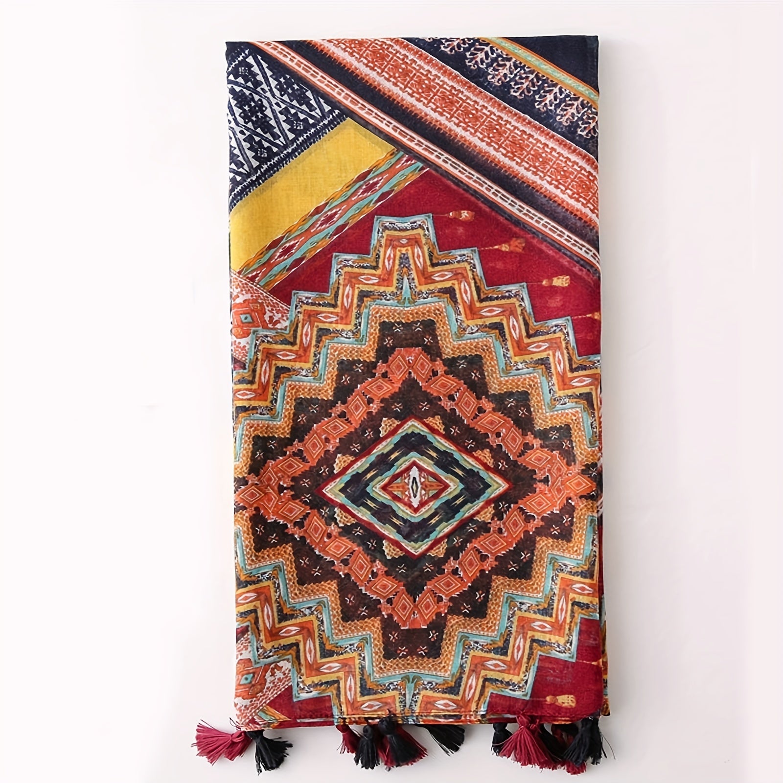 Women’s Boho Linen Tassel Shawl Pink Printed Lightweight Scarf Windproof Sun Protection