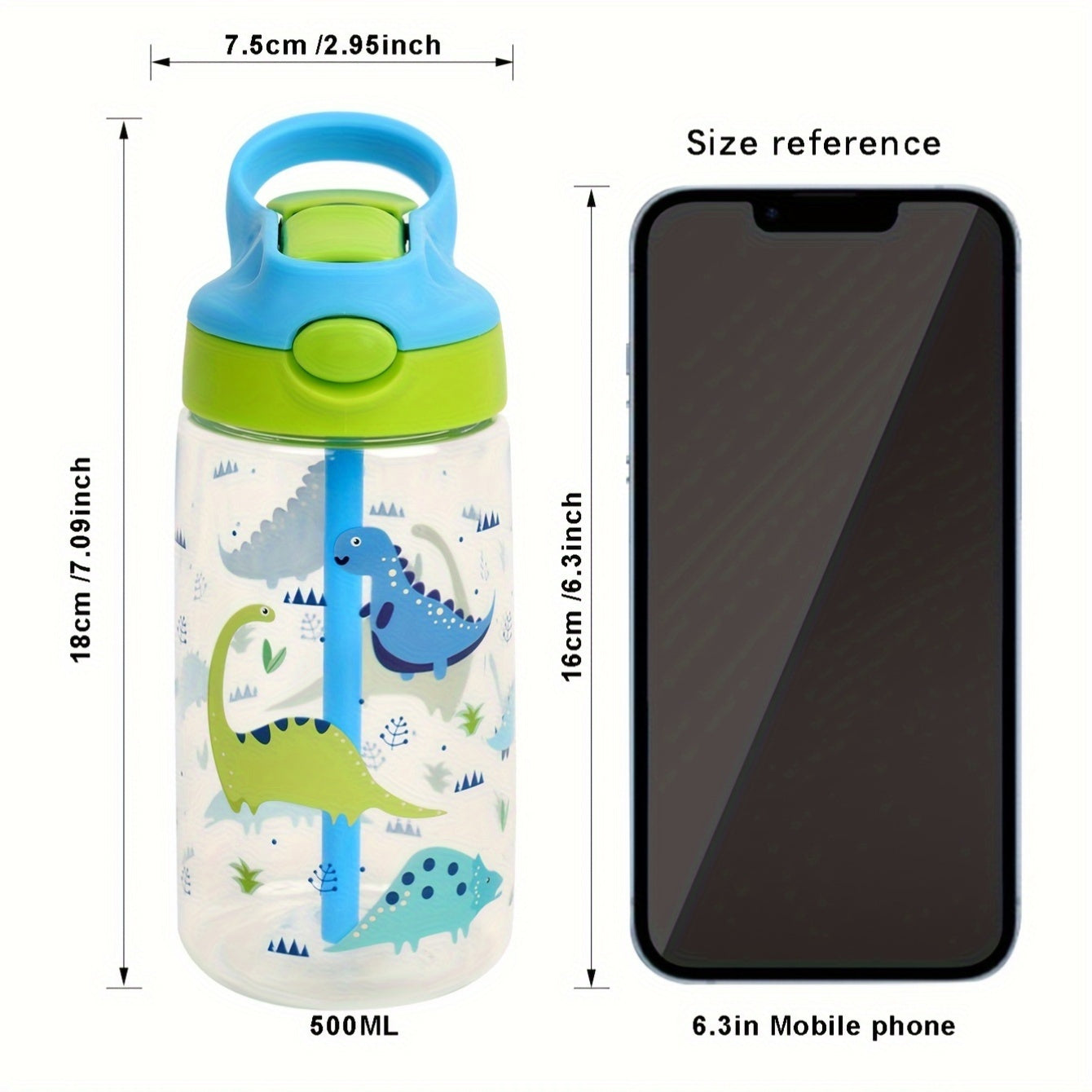 500ml BPA-Free Sports Water Bottle with Straw Leakproof Silicone Nozzle Cartoon Design