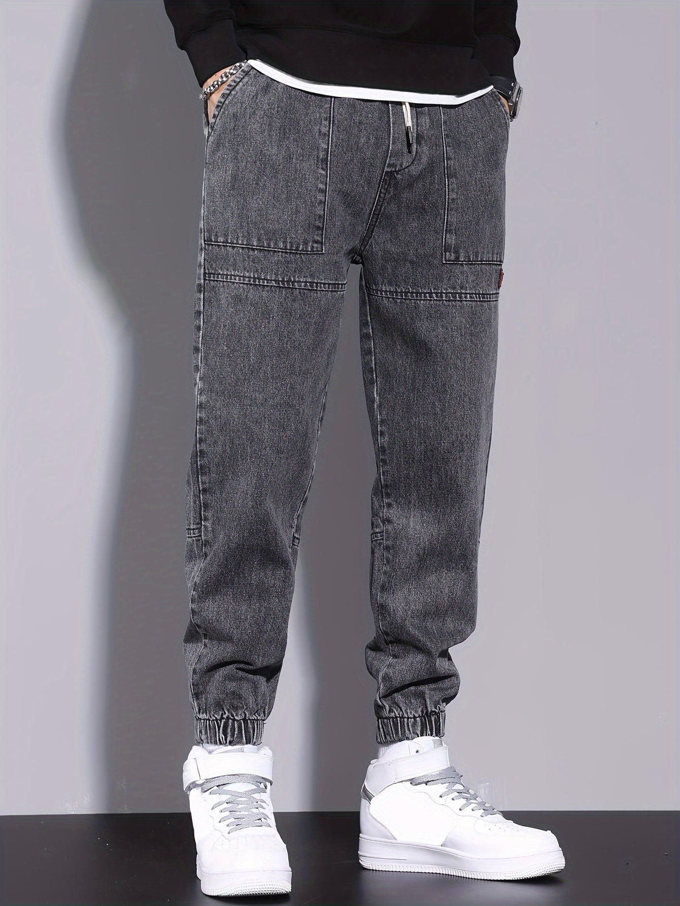 Men's Denim Jogger Pants with Elastic Drawstring Waist Cropped All-Season Street Style