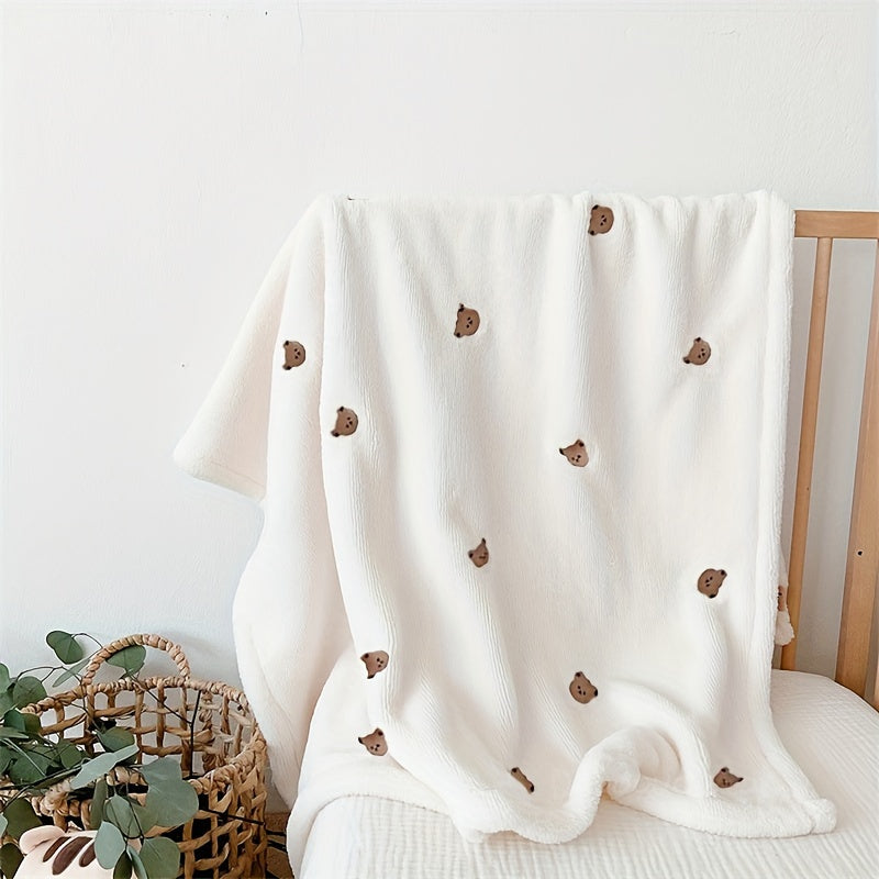 White Soft Polyester Baby Blanket with Embroidered Bear Design