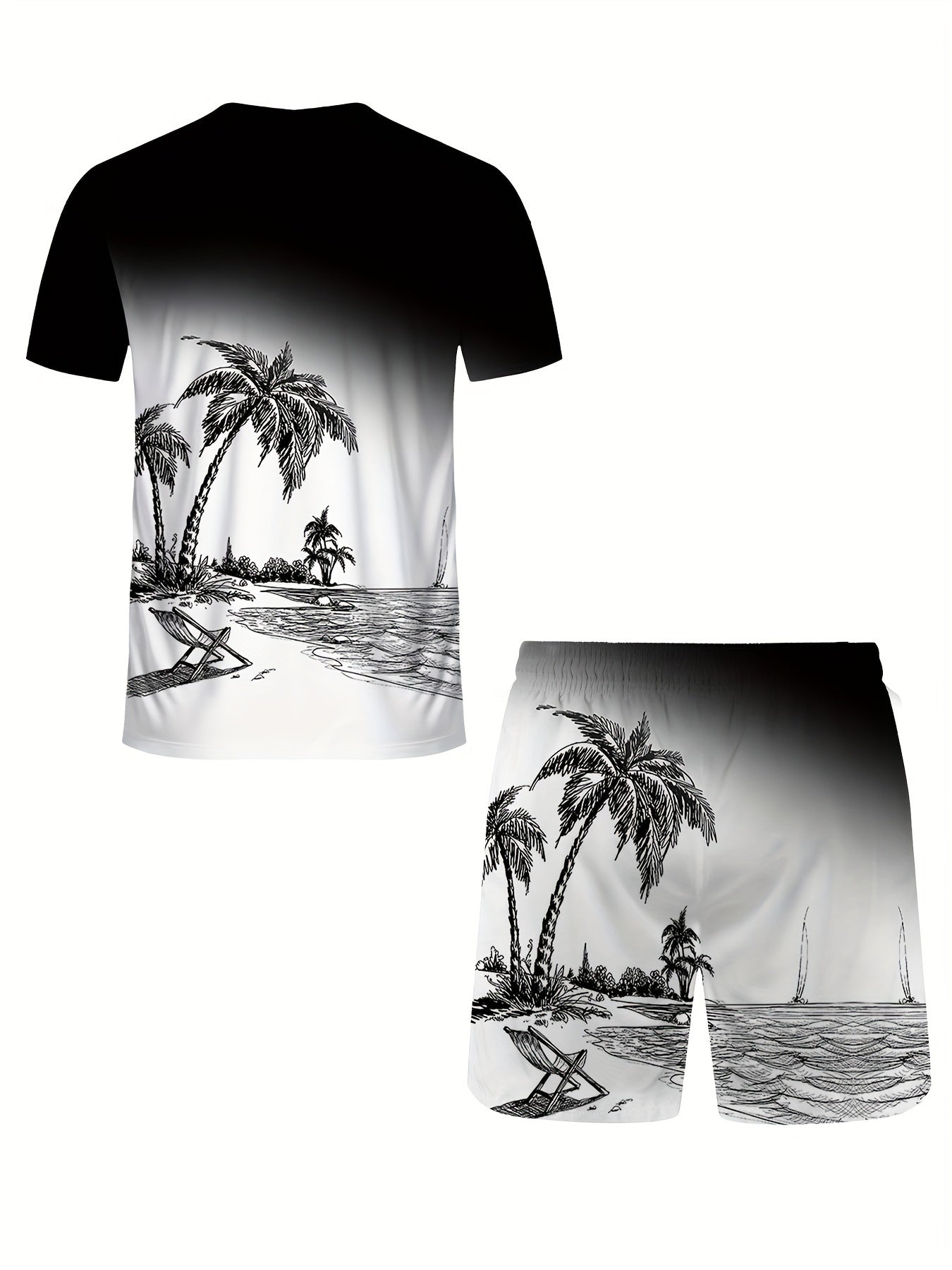 Tropical Beach Sunset Lounge Set with 3D Palm Tree Print Short Sleeve Crew Neck Tee and Drawstring Shorts for Women