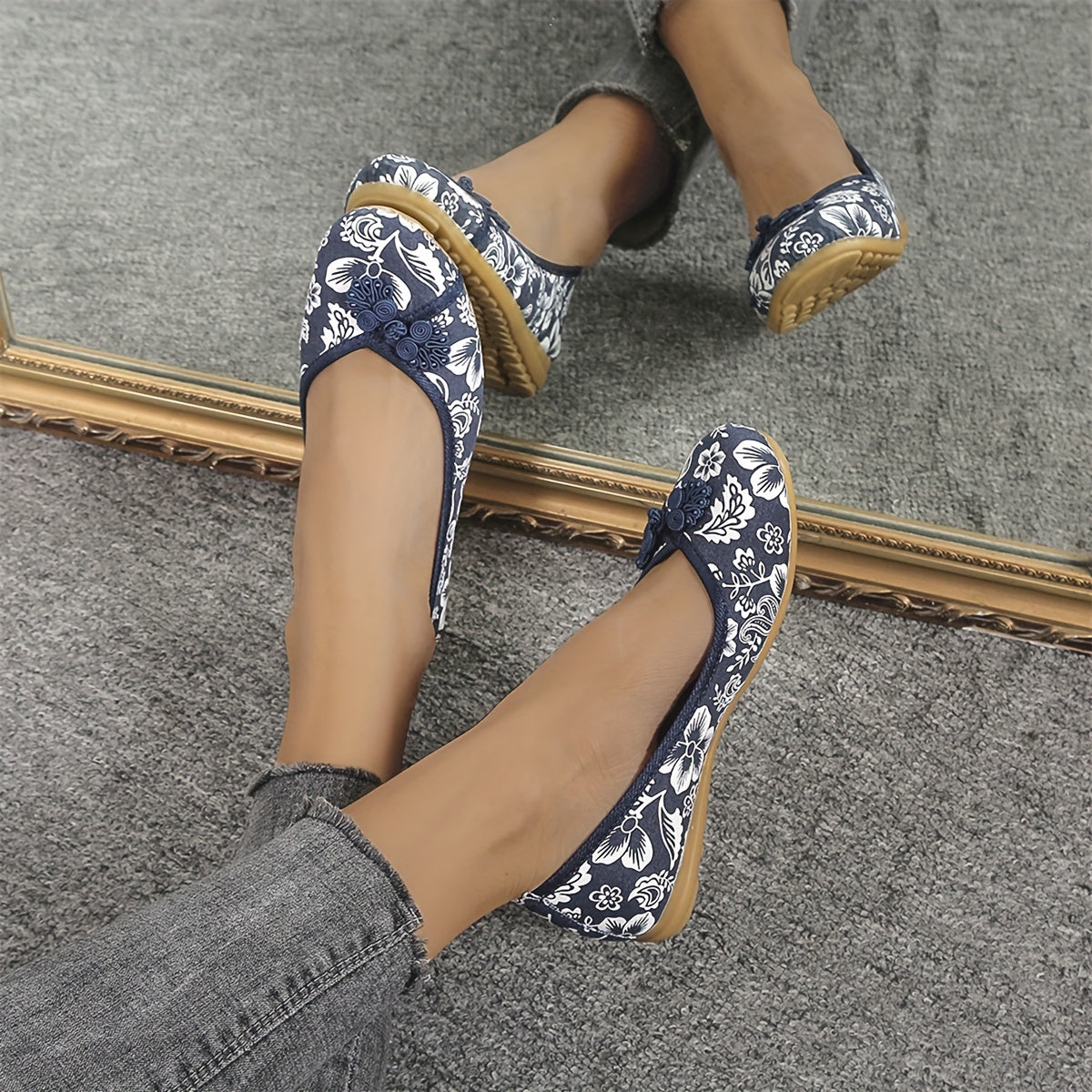 Zapatos planos casuales para mujer con patrón floral, plantilla transpirable y suave