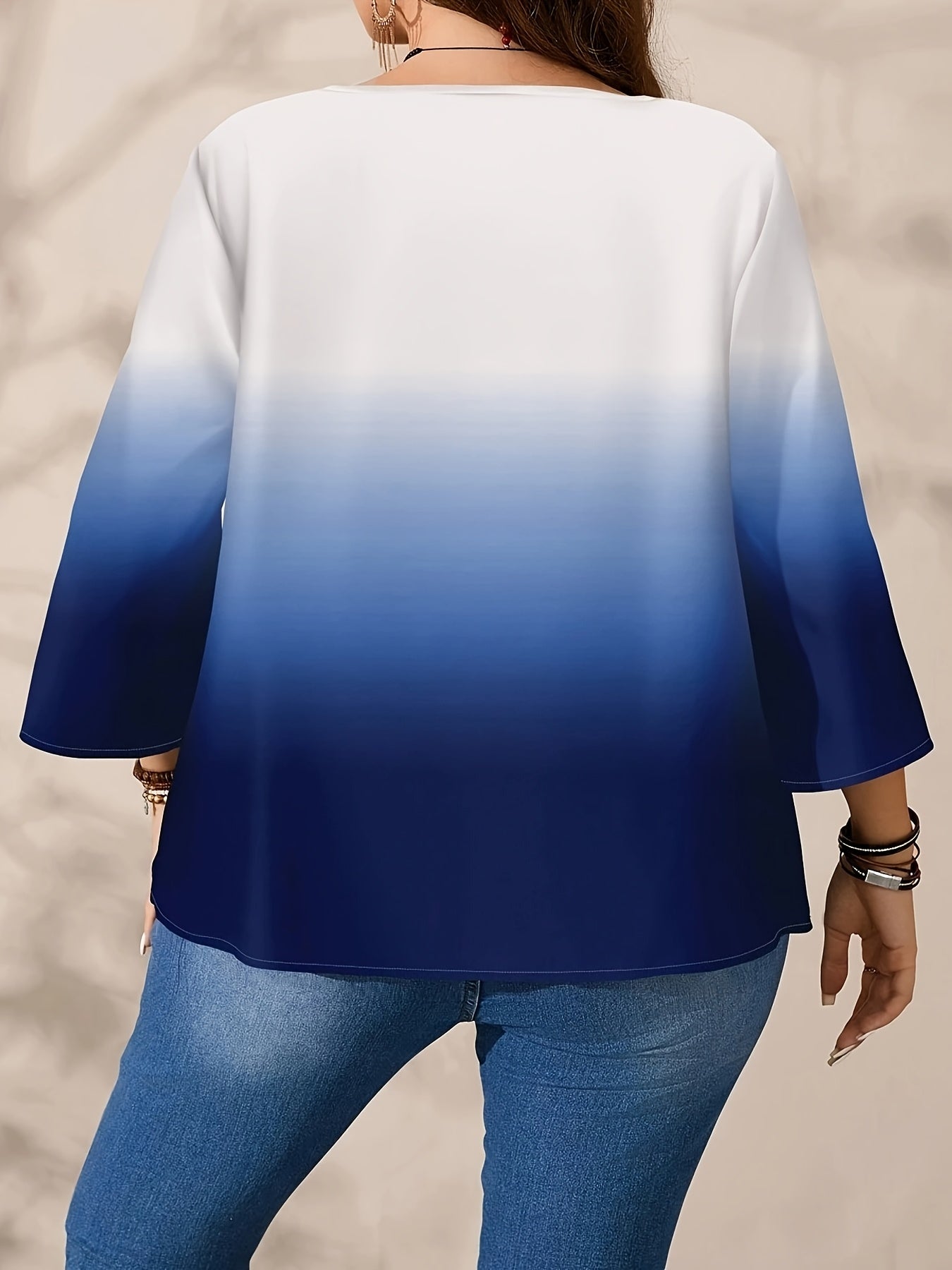 Plus Size Women's Gradient Blouse Office Wear Mid-Length Three-Quarter Sleeves Polyester