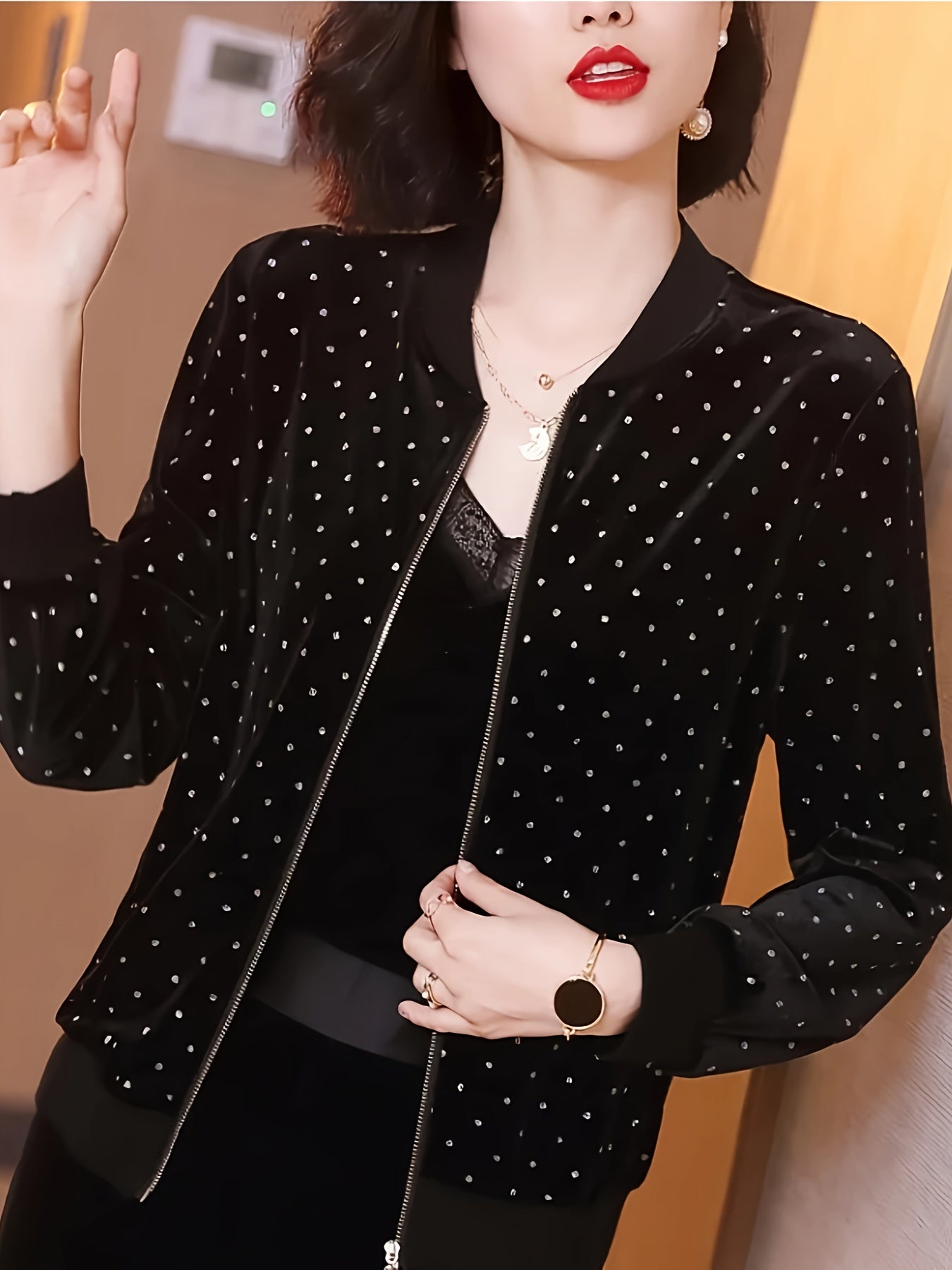 Women's Lightweight Bomber Jacket with Rhinestone Dot Design Sun Protection Spring Fall