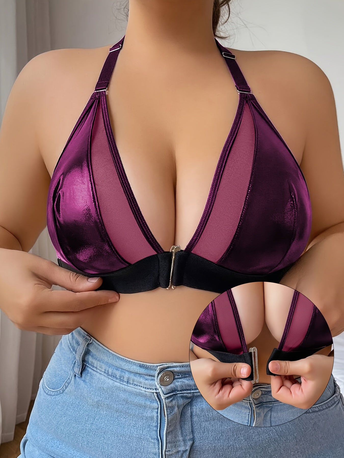Women's Plus Size Halter Bra Mesh Front Clasp Wireless No Padding