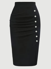 Plus Size Black Pencil Skirt with Ruched Detail and Decorative Buttons High Waist Polyester