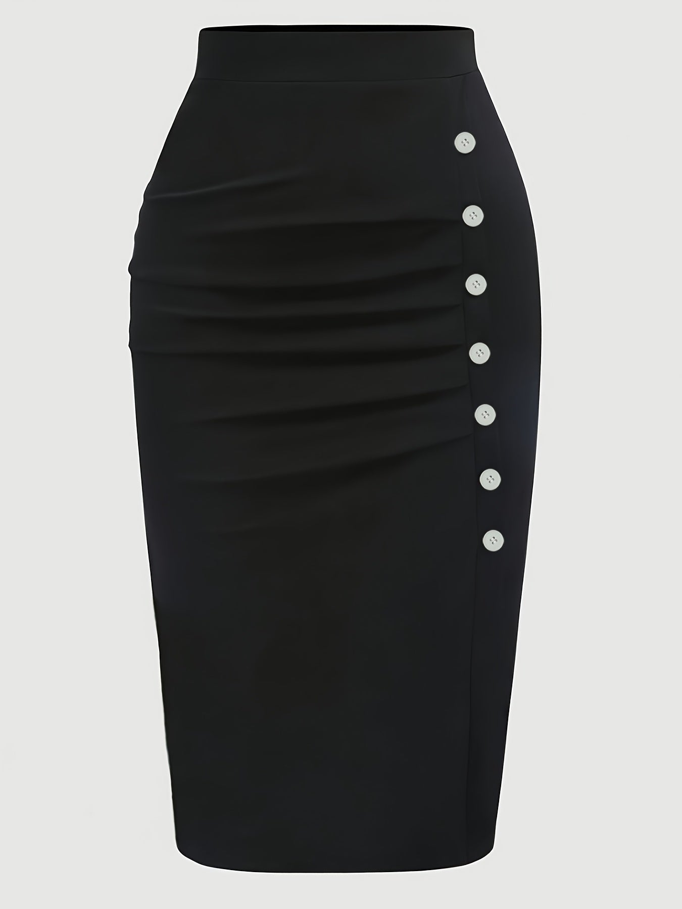 Plus Size Black Pencil Skirt with Ruched Detail and Decorative Buttons High Waist Polyester