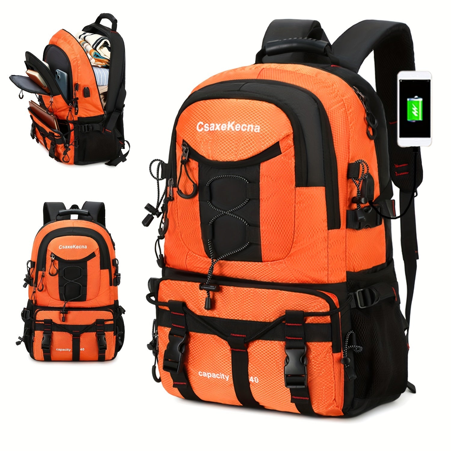 40L Hiking Backpack with Laptop Compartment USB Powered Adjustable Straps for Men and Women