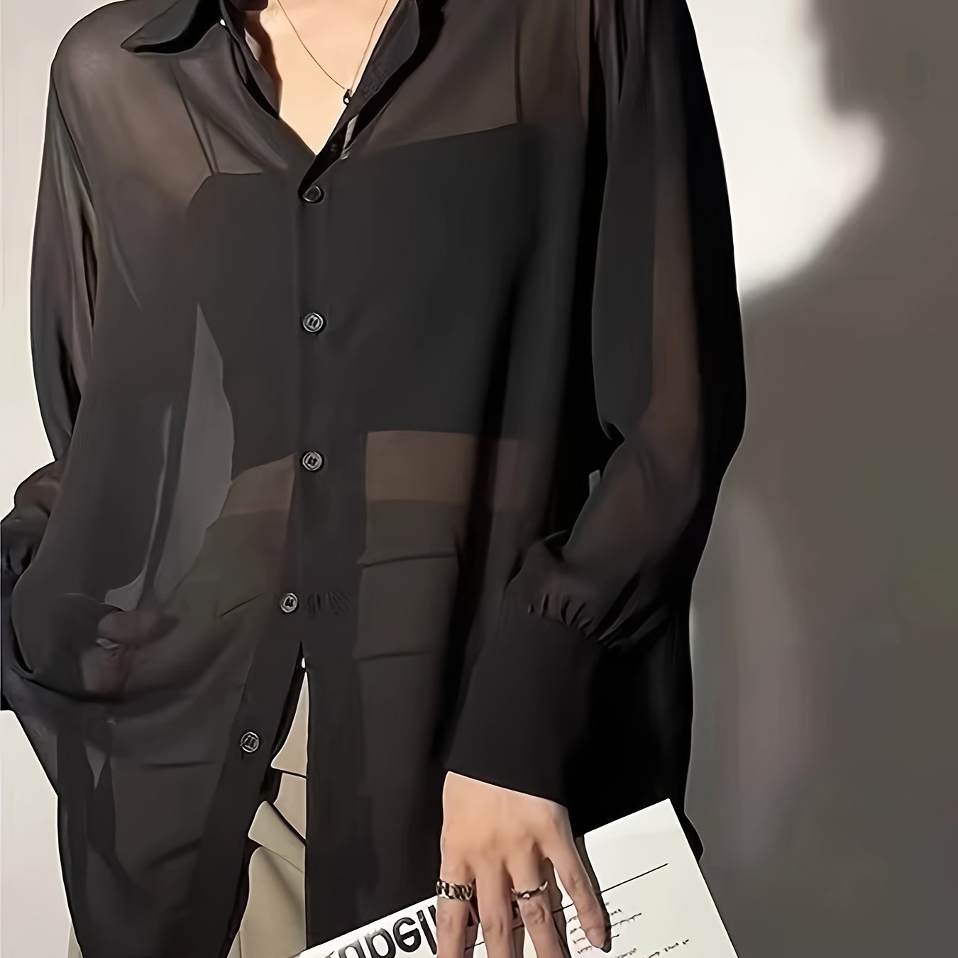 Women's Sheer Chiffon Blouse Long Sleeve Button Front Solid Spring Fall