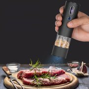 T touch switch bilan elektr tuz va murch maydalagich, harorat va namlik ko'rsatkichi, litiy batareya, LED chiroq, bitta qo'l bilan ishlash, sozlanadigan maydalash, qora shaker, oshxona asbobi.