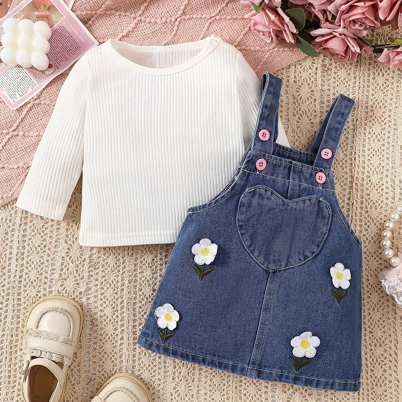 Girls Denim Dress Set with Embroidered Flowers and Long Sleeve Top for Infants