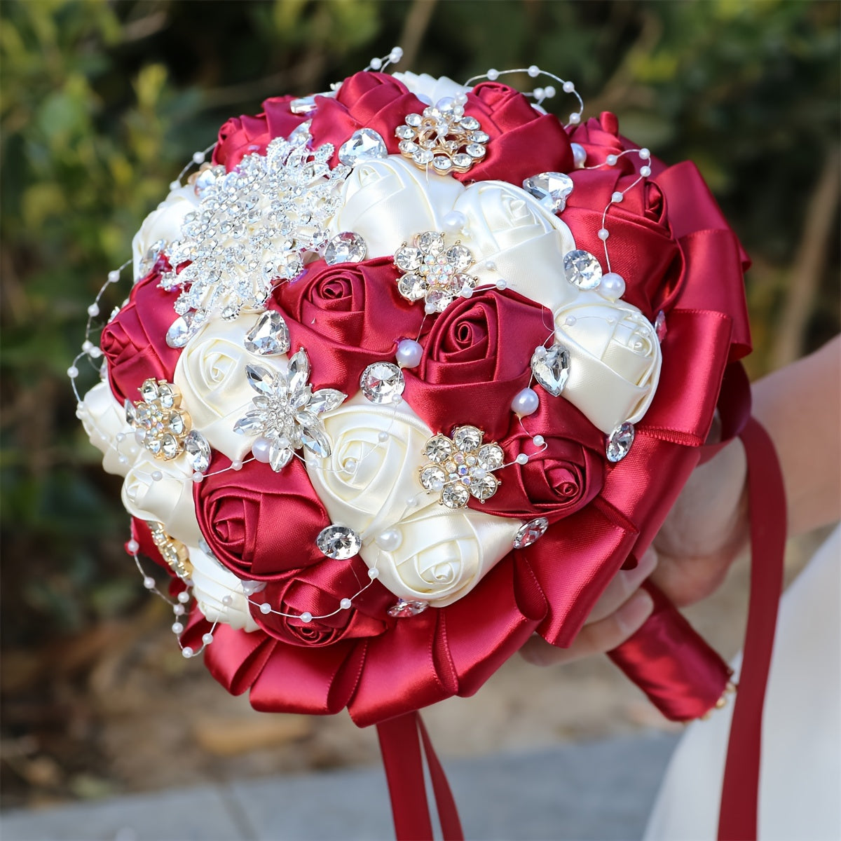 Handmade Wedding Bouquet Satin Flowers Rhinestones Faux Pearls for Bride Bridesmaids