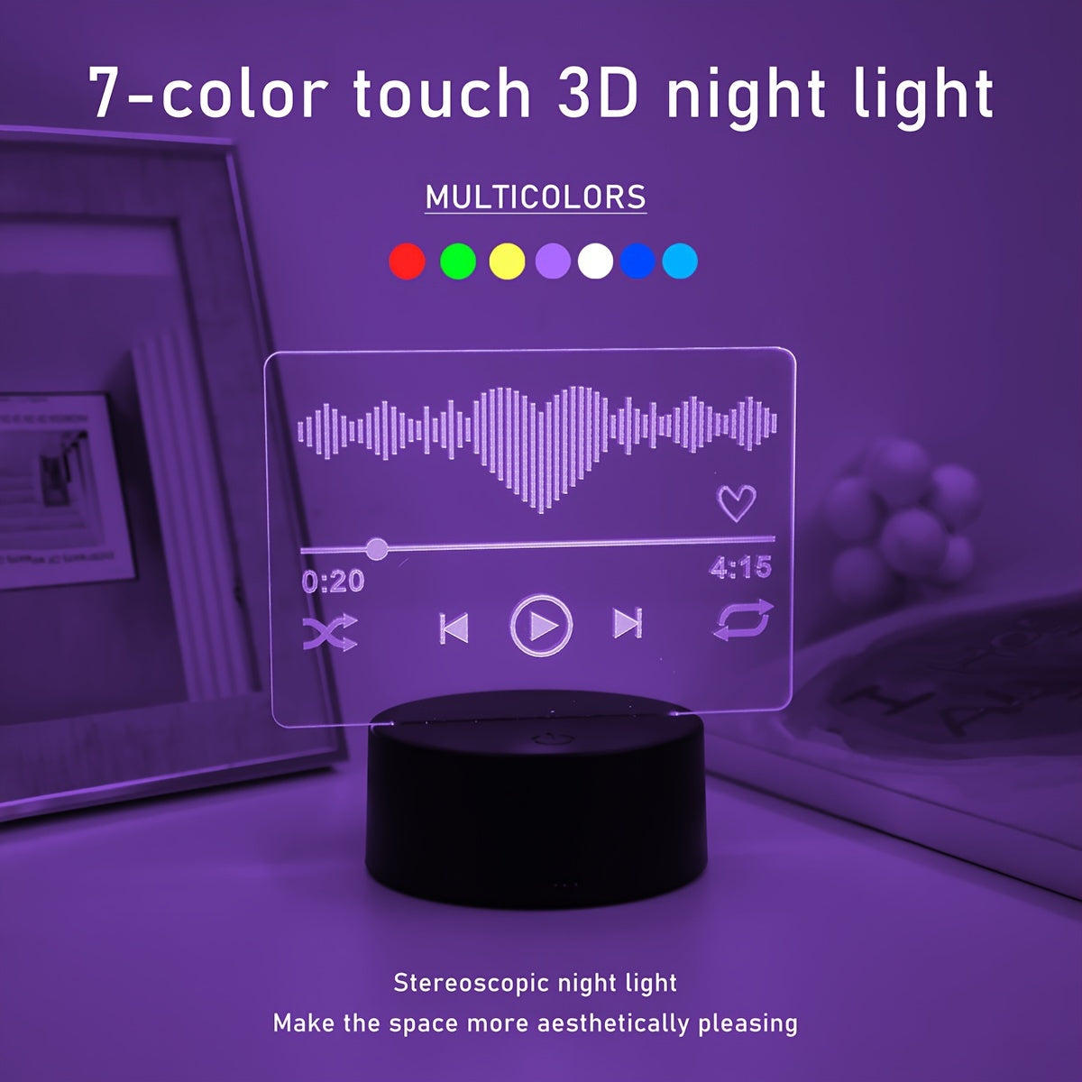 3D Night Light with Touch Control and 7-Color Ambient Lighting for Bedroom and Living Room