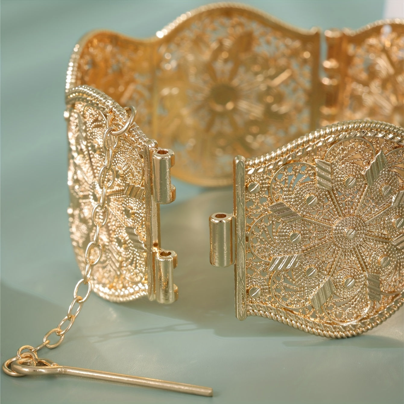 Women's Gold-Tone Alloy Open Cuff Bracelet Hollow Carved Design for Weddings and Ramadan