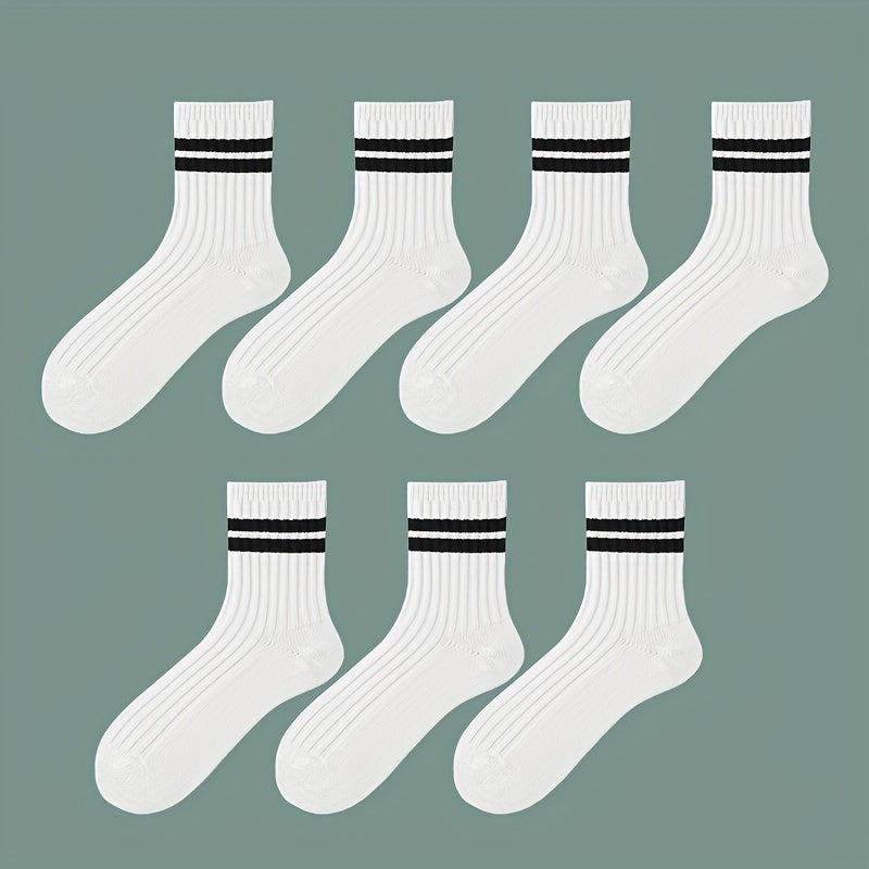 7 Pairs Black and White Thick Mid-Length Socks for Autumn Winter Breathable Comfort