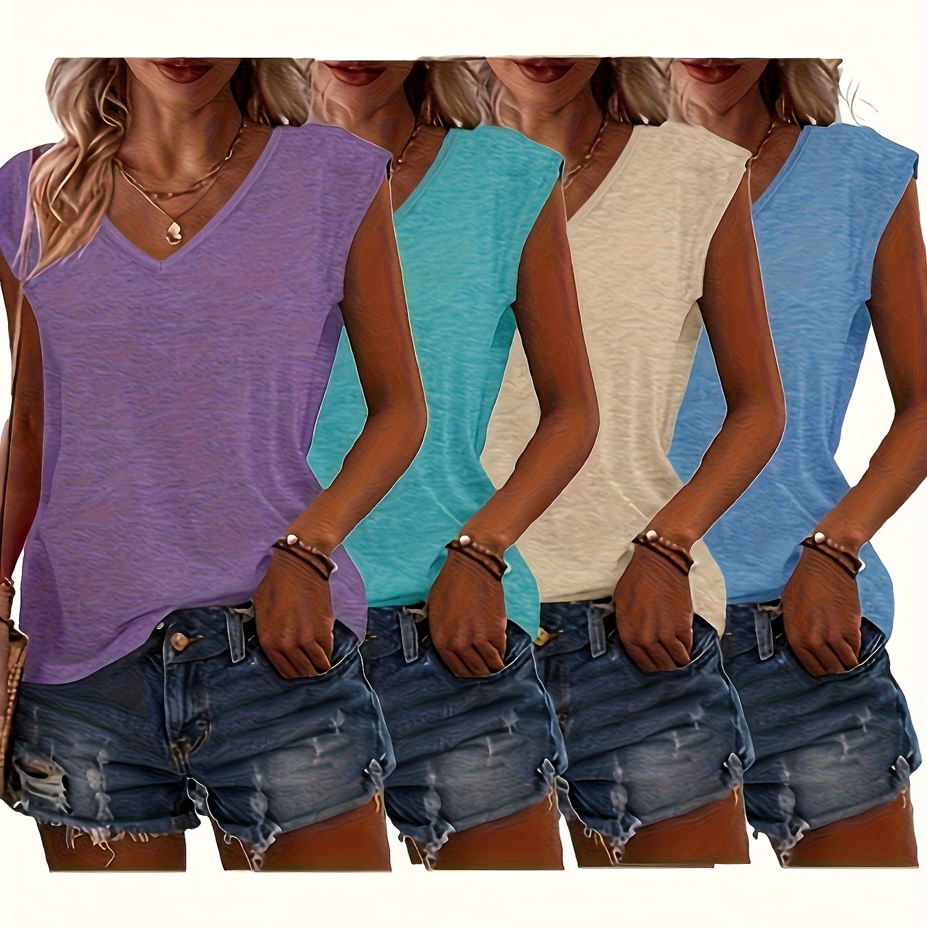 Camisetas de manga corta con escote en V para mujer, pack de 4, tops casuales de verano, rosa, negro, azul, beige