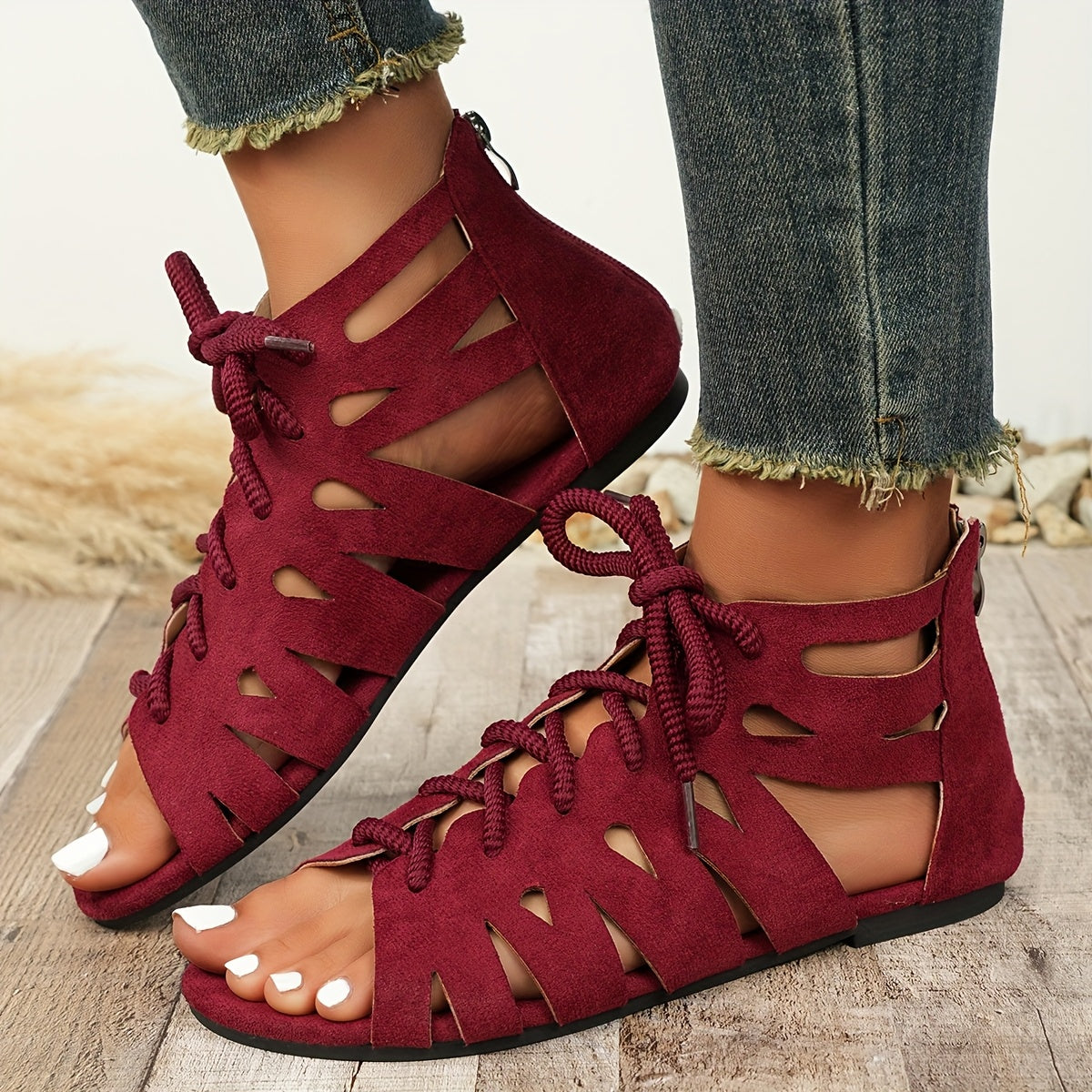 Women's Gladiator Sandals Open Toe Flat Heel Lace-Up Fabric Shoes