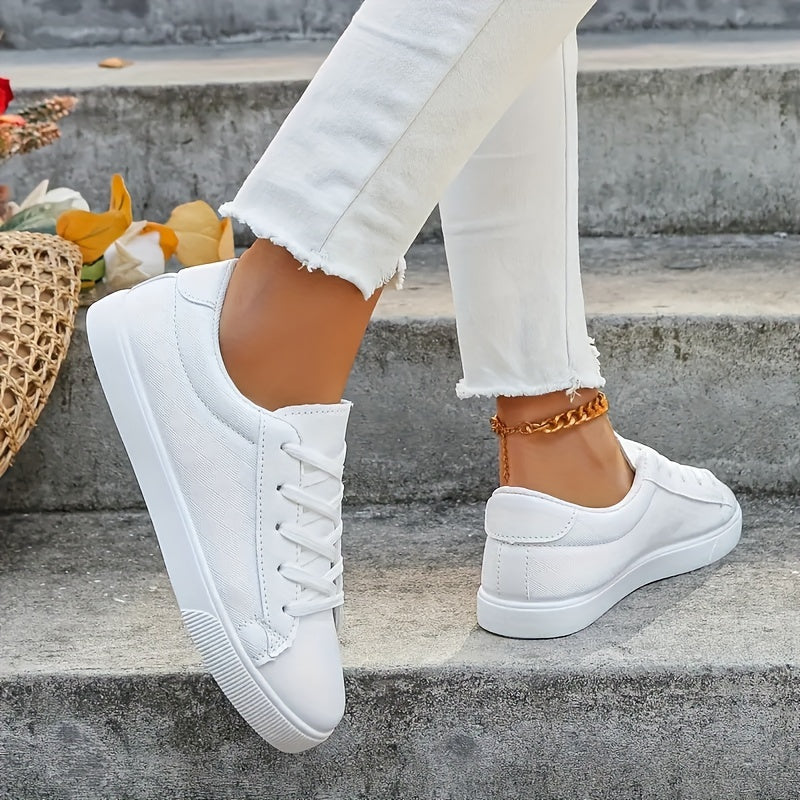 Women's White Grid Pattern Sneakers Lightweight Breathable Casual Shoes