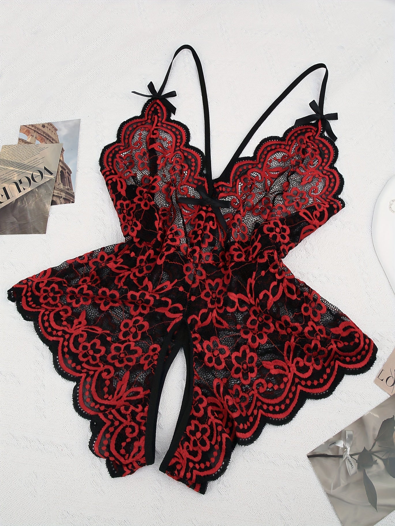 Women's Floral Embroidered Backless Lingerie with Open Crotch