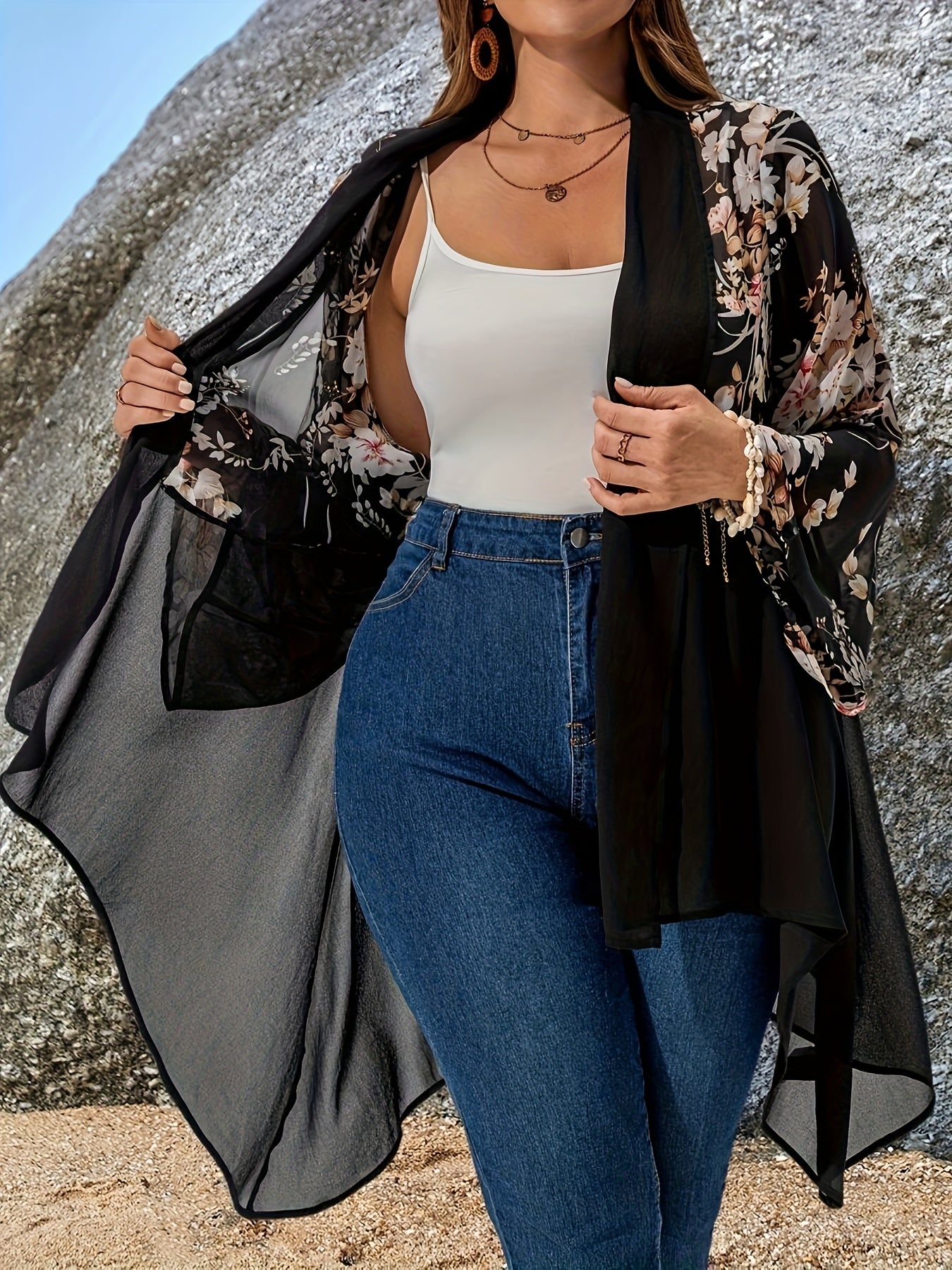 Women's Plus Size Boho Floral Print Cardigan Lightweight Rose-Style Open Front