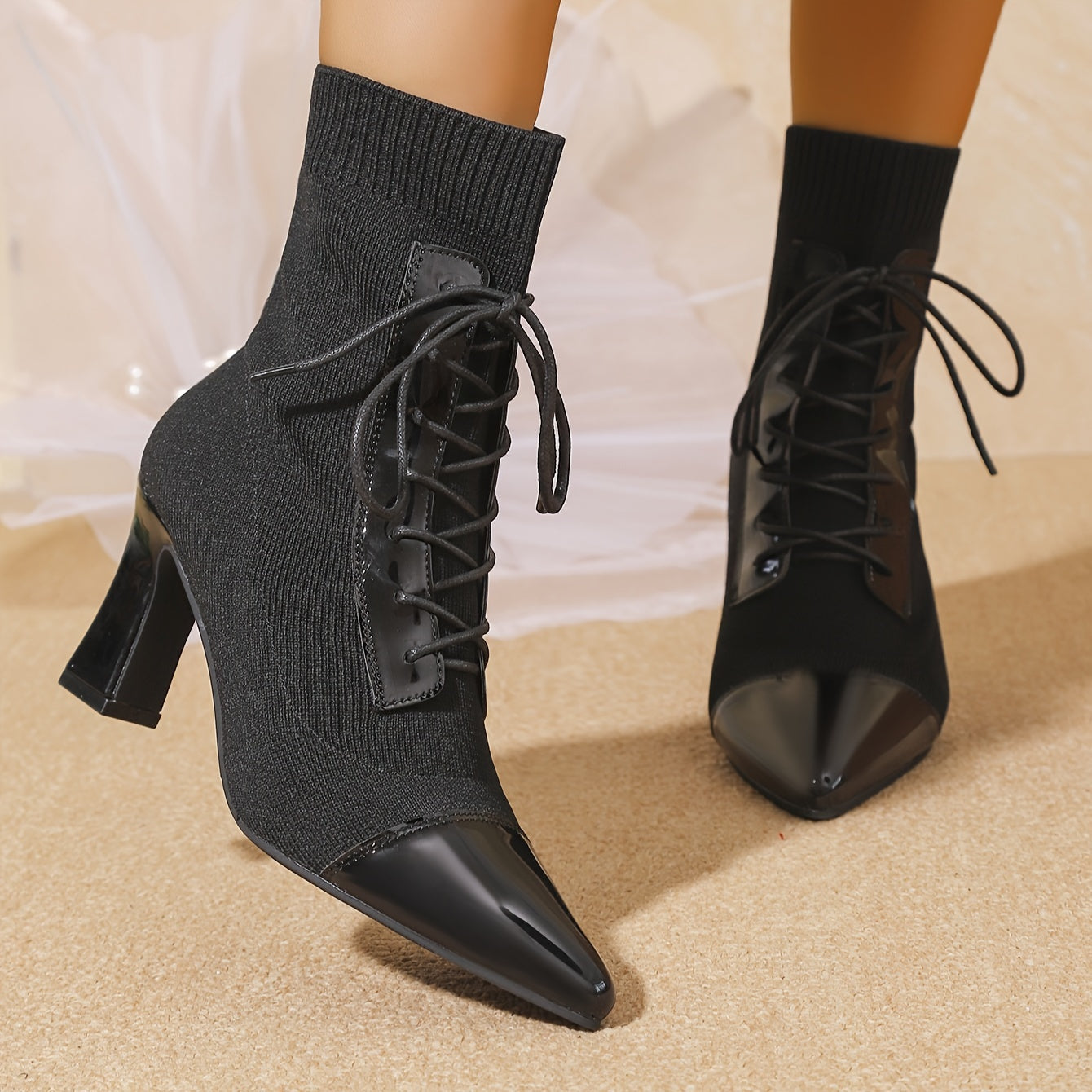 Women's Black Synthetic Leather High Heel Ankle Boots with Pointed Toe
