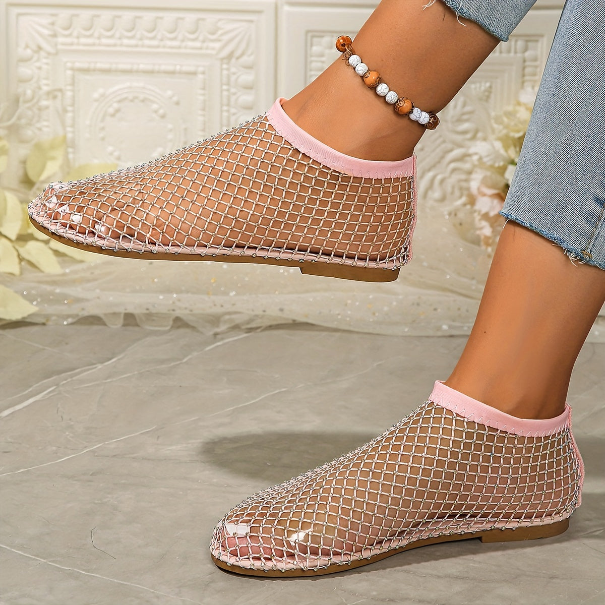 Women's Mesh Rhinestone Flat Sandals with Elastic Band and Cut-Out Design