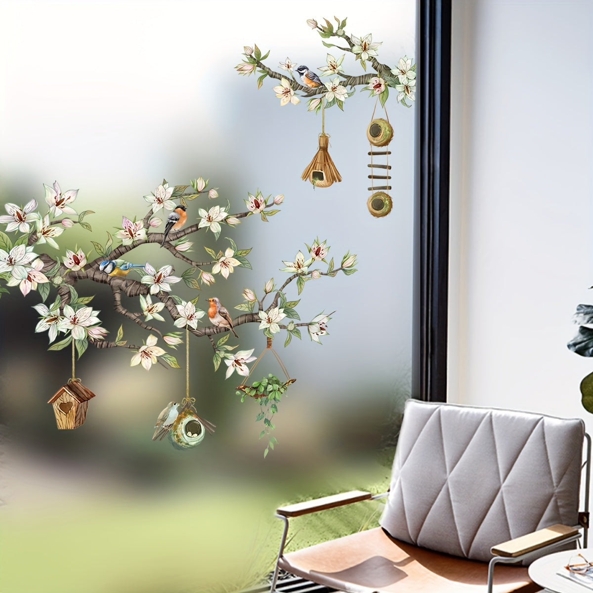 Double-Sided Glass Window Decal Wall Sticker with Bird and Floral Design