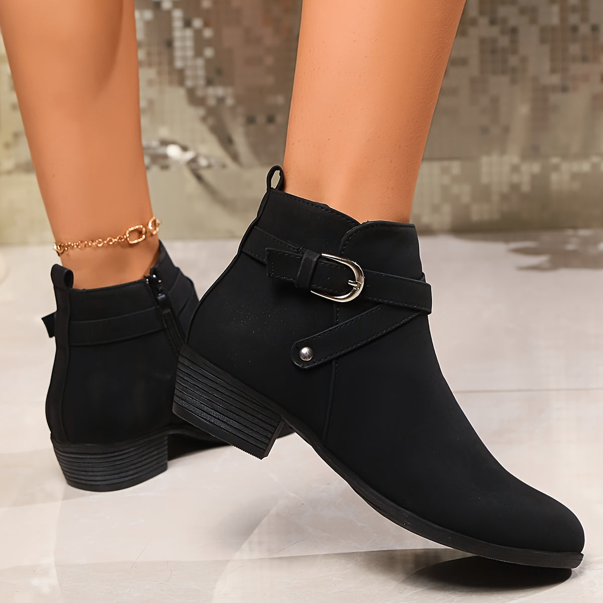 Women's Nude Short Ankle Boots Low Heel Side Zipper