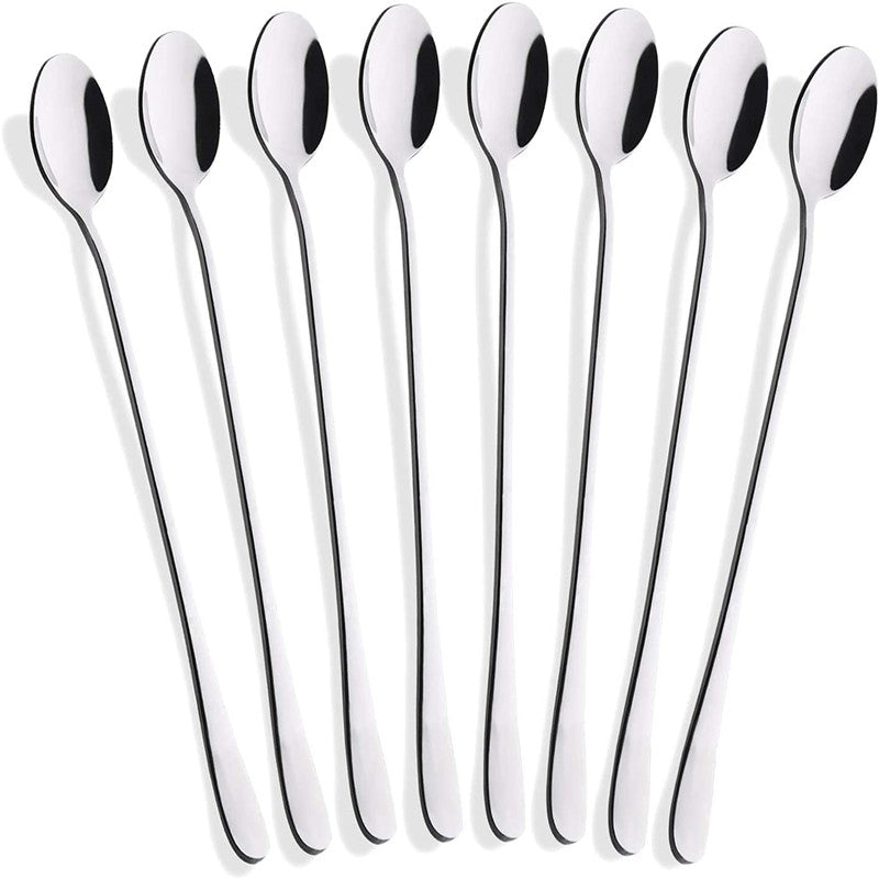 Set of 8 Stainless Steel Long-Handle Spoons for Stirring and Mixing Beverages