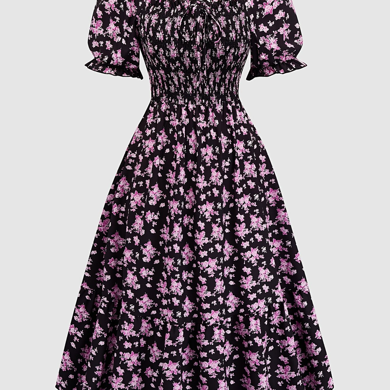 Vestido de talla grande con estampado floral, cintura fruncida, escote cuadrado, mangas cortas y lazo frontal