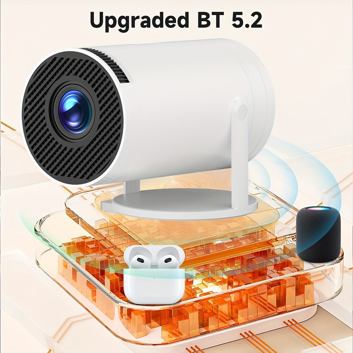 Портативный мини-проектор 1080P с поддержкой 180° вращения, автоматическая коррекция трапеции, белый