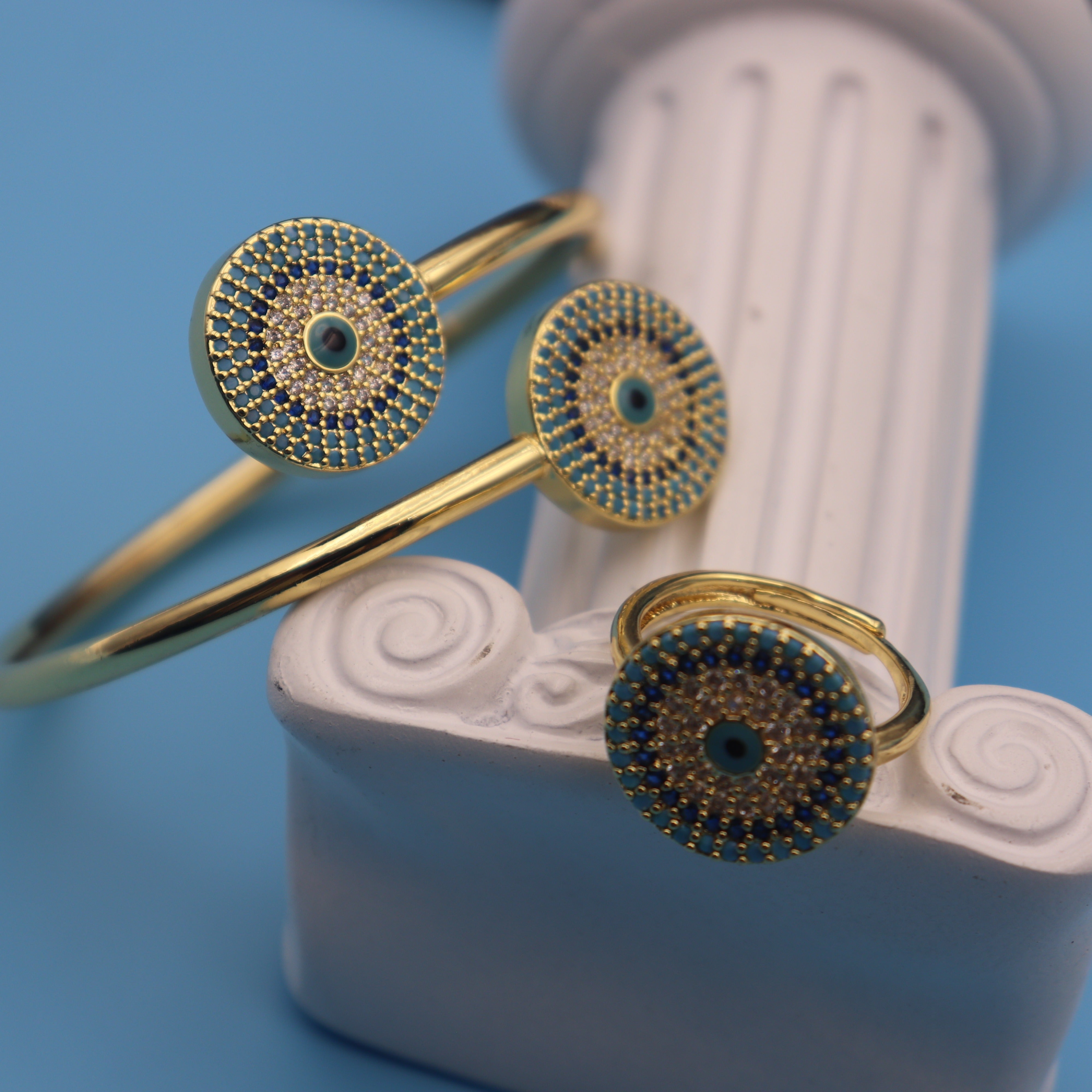 Gold Plated Bangle with Turquoise Inlay and Ring for Women