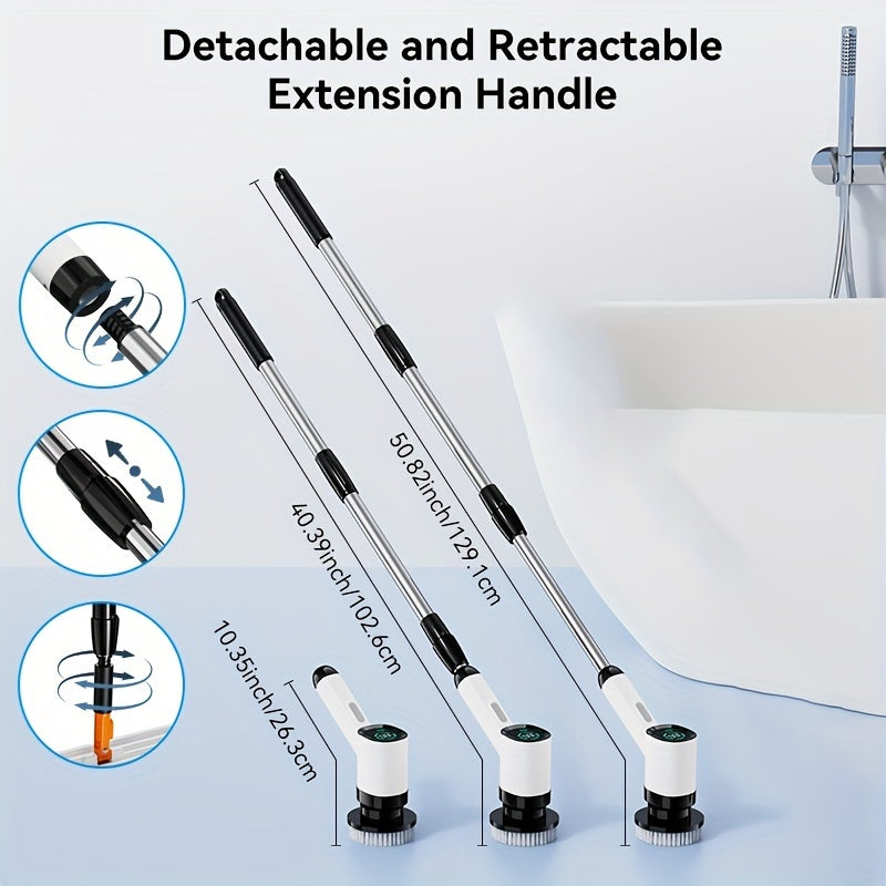 SUNUO Electric Spin Scrubber turli xil tozalash uchun 9 ta cho'tka boshiga ega. Ushbu simsiz pol va plitka tozalagich to'liq tozalash uchun 360° aylanish imkoniyatiga ega va uzaytiriladigan tutqich yuqori yoki past joylarga erishishni osonlashtiradi. USB