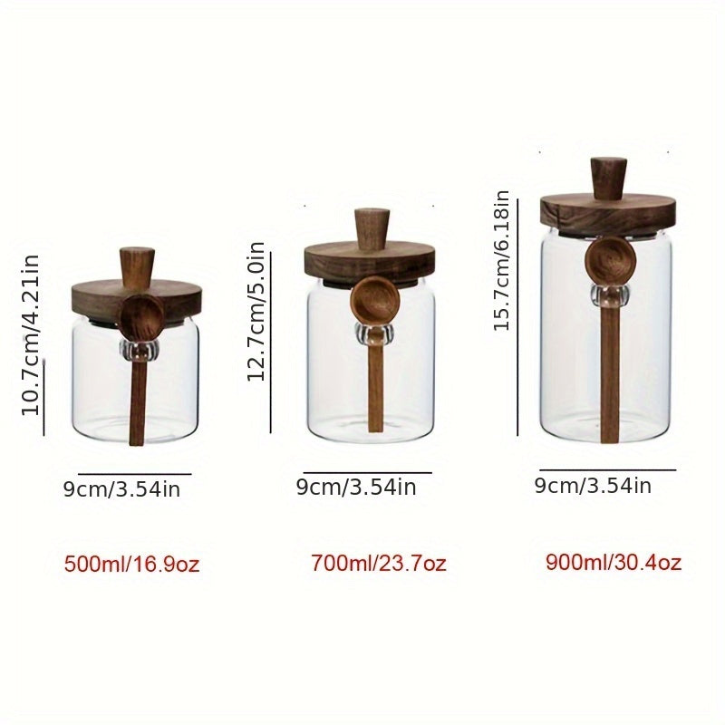Glass Storage Jar with Acacia Wood Lid and Spoon for Kitchen Food Spices Nuts Candy Airtight Container
