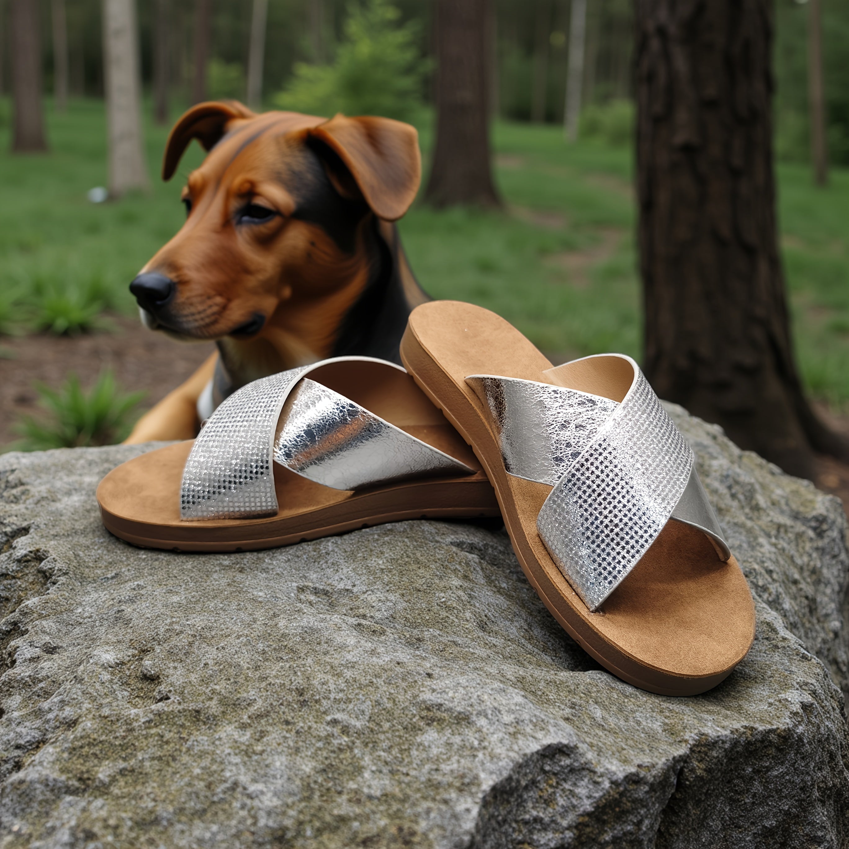 Women's Metallic Cross-Strap Slip-On Sandals Open-Toe Summer Slides Cushioned Insole