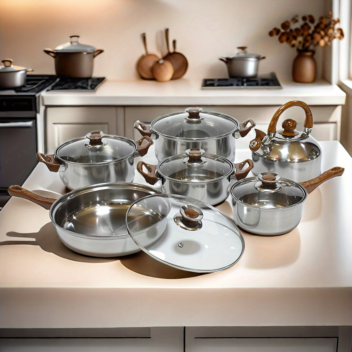12 dona zanglamas po'latdan yasalgan idish-to'plam - yengil, mustahkam va ko'chma - sho'rva qozon, qovurish panasi, sut qozoni va choynakni o'z ichiga oladi - barcha pech turlari bilan mos keladi - tozalash oson - uy oshxonalar va restoranlar uchun ideal