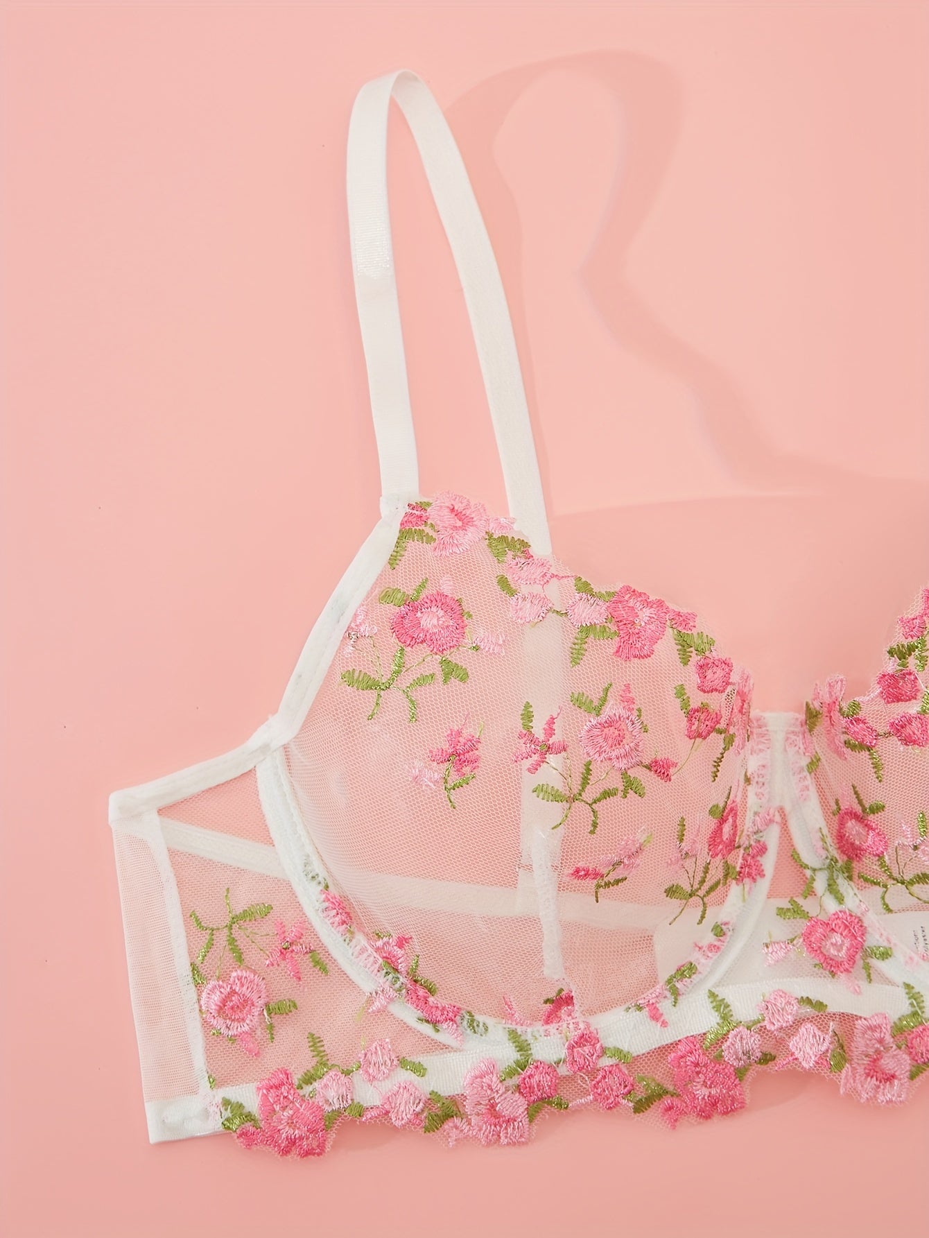 Women's Floral Embroidery Lingerie Set Sheer Mesh Bra and Panties