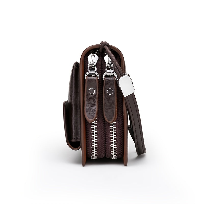 Men's Large Capacity Black Leather Wallet with Double Zipper and Wrist Strap for Office Use