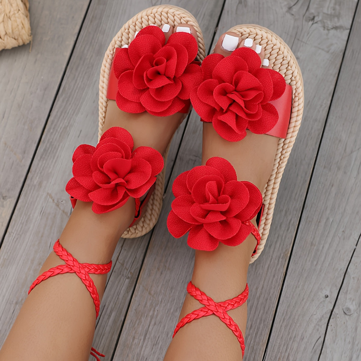 Women's Double Floral Ankle Strap Sandals Lightweight Flat Summer Beach Shoes