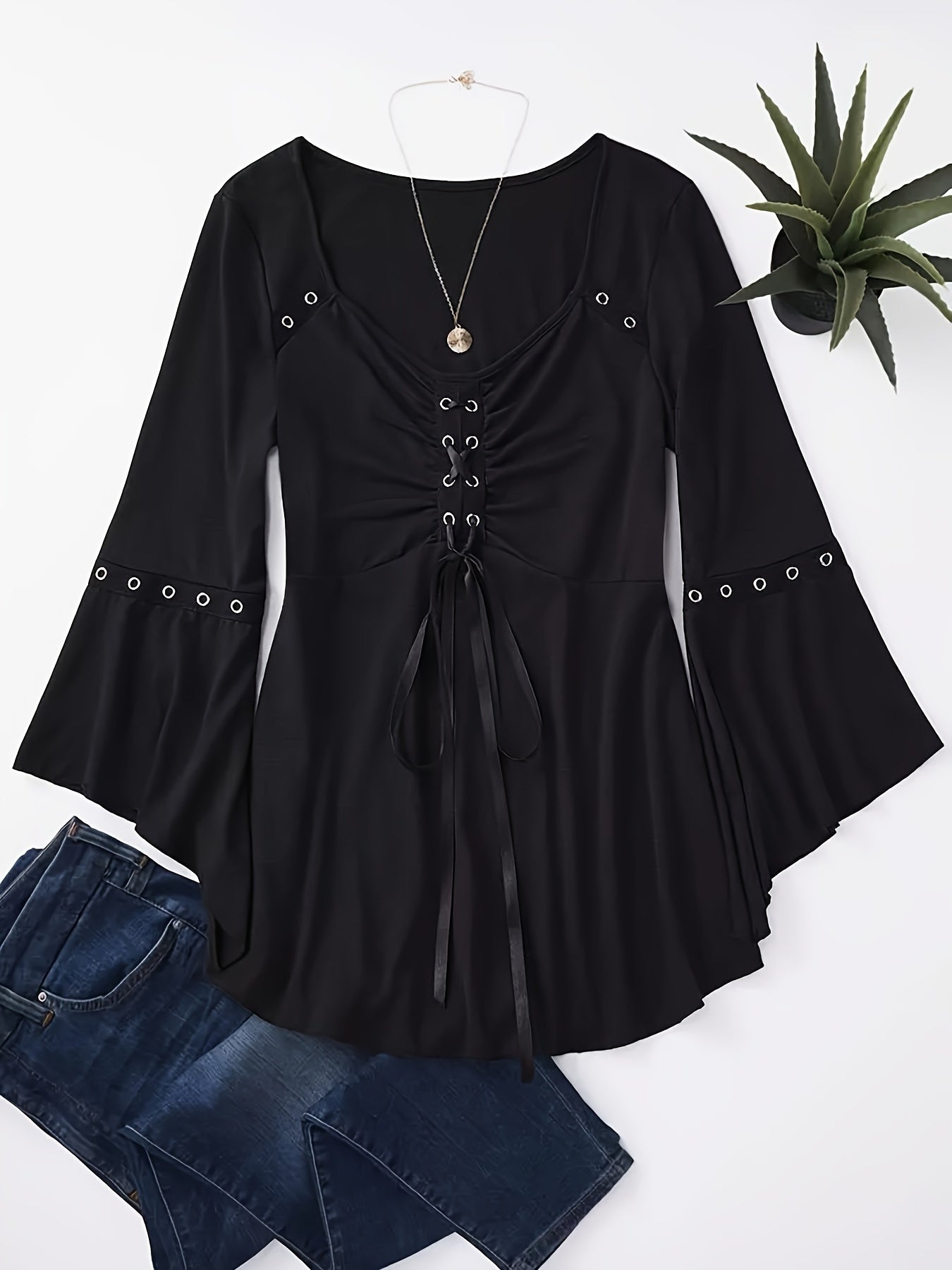 Plus Size Women's Grommet Eyelet Lace Up V-Neck Top, 3/4 Sleeve Casual Clothing