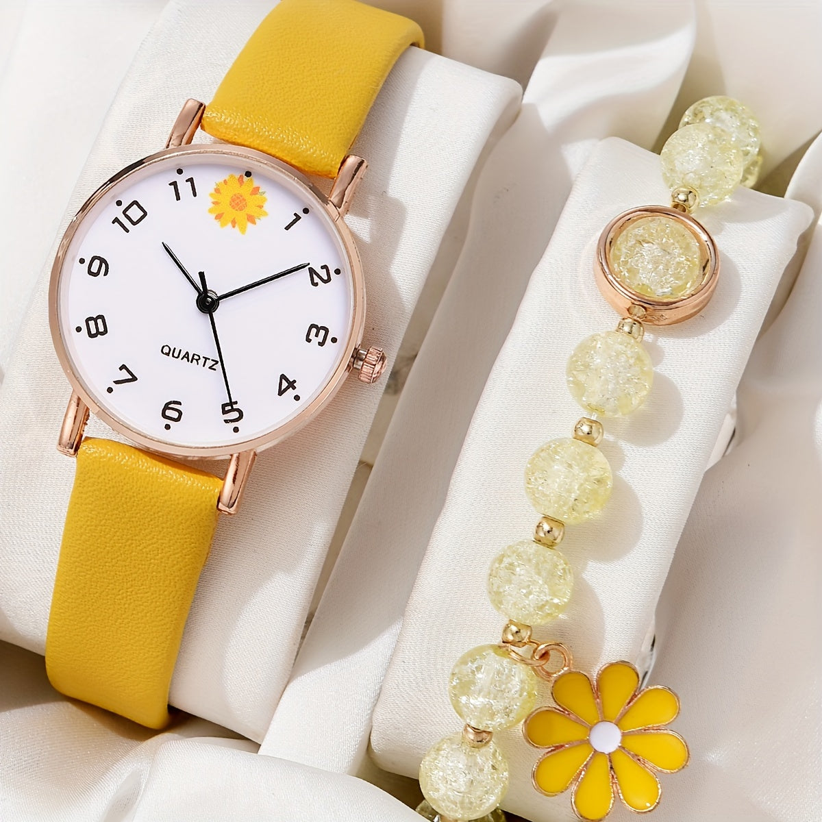 Set of 2 Women's Daisy Flower Design Watches with Leather Straps and Matching Bracelets