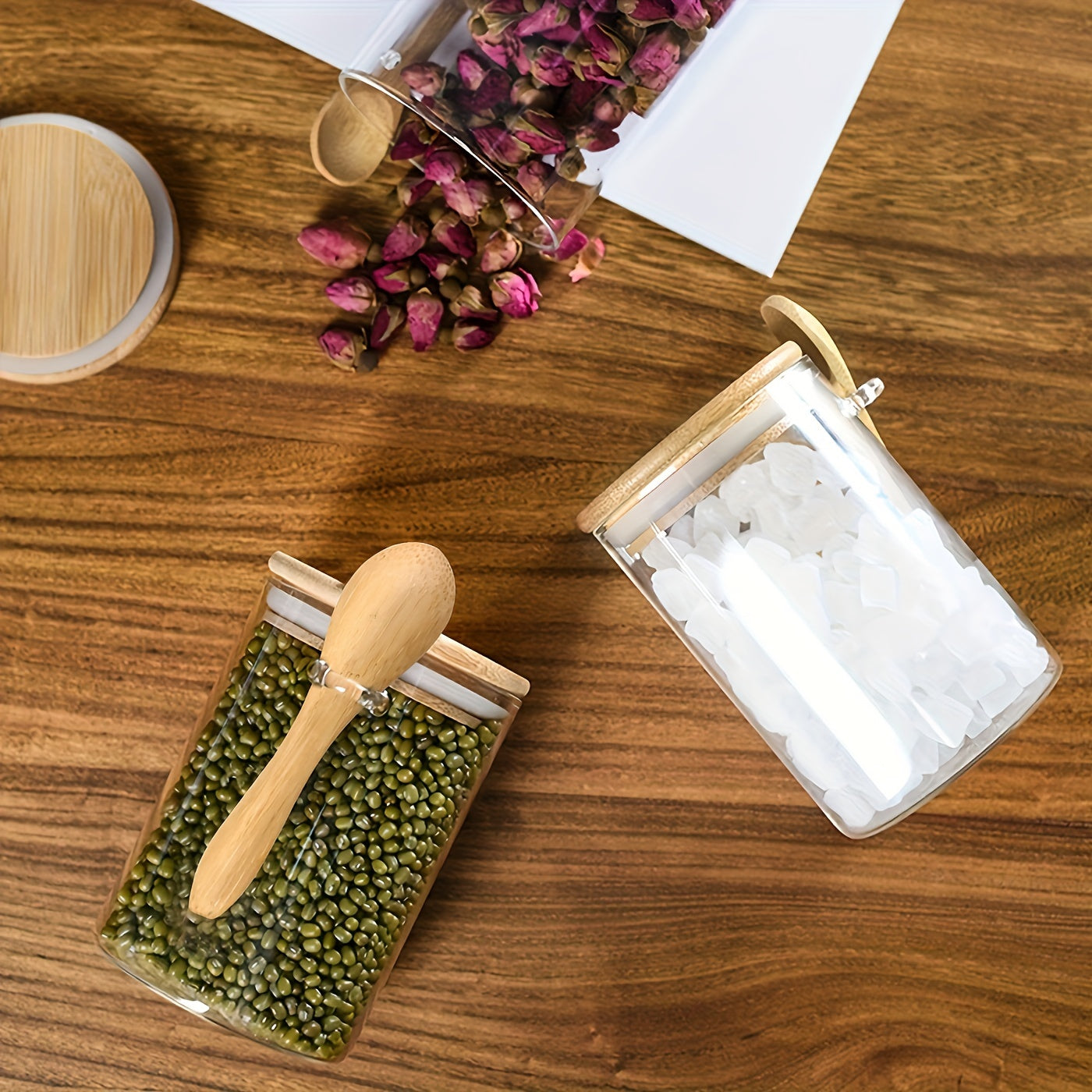 Glass Storage Containers with Airtight Bamboo Lids and Spoon for Kitchen Pantry