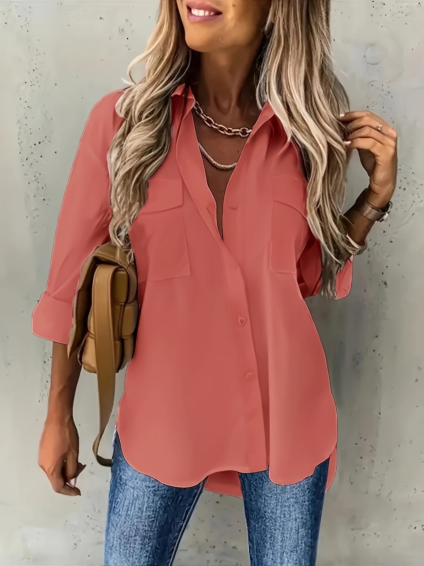 Plus Size Women's Casual Polyester Button Front Shirt with Flap Pockets for Spring