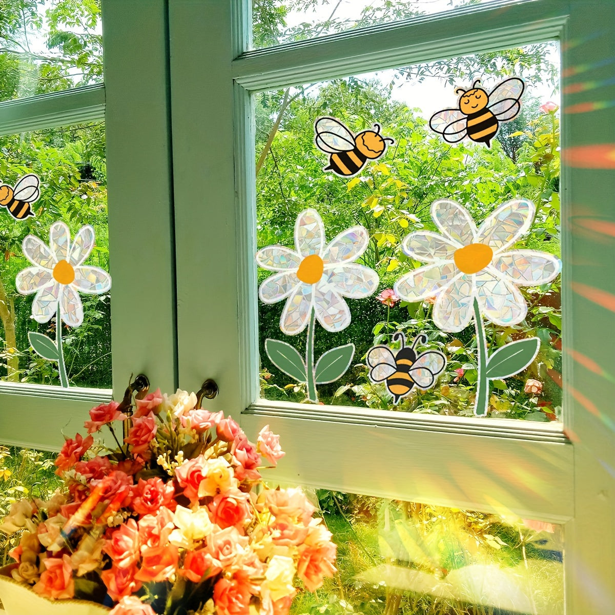 Rainbow Daisy and Bee Window Clings, Reusable Static PVC, 30x42cm Sheet