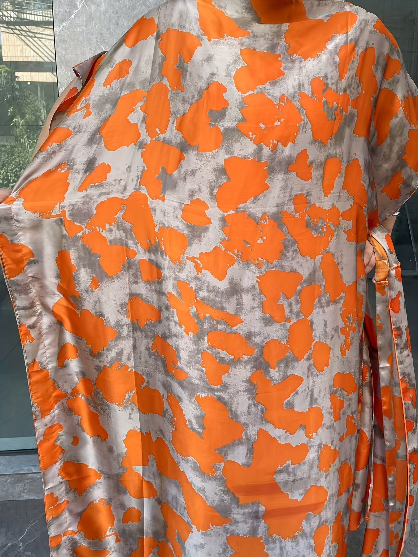 Women's Plus Size Floral Print Tunic Dress with Scarf Short Sleeve Casual Long Dress